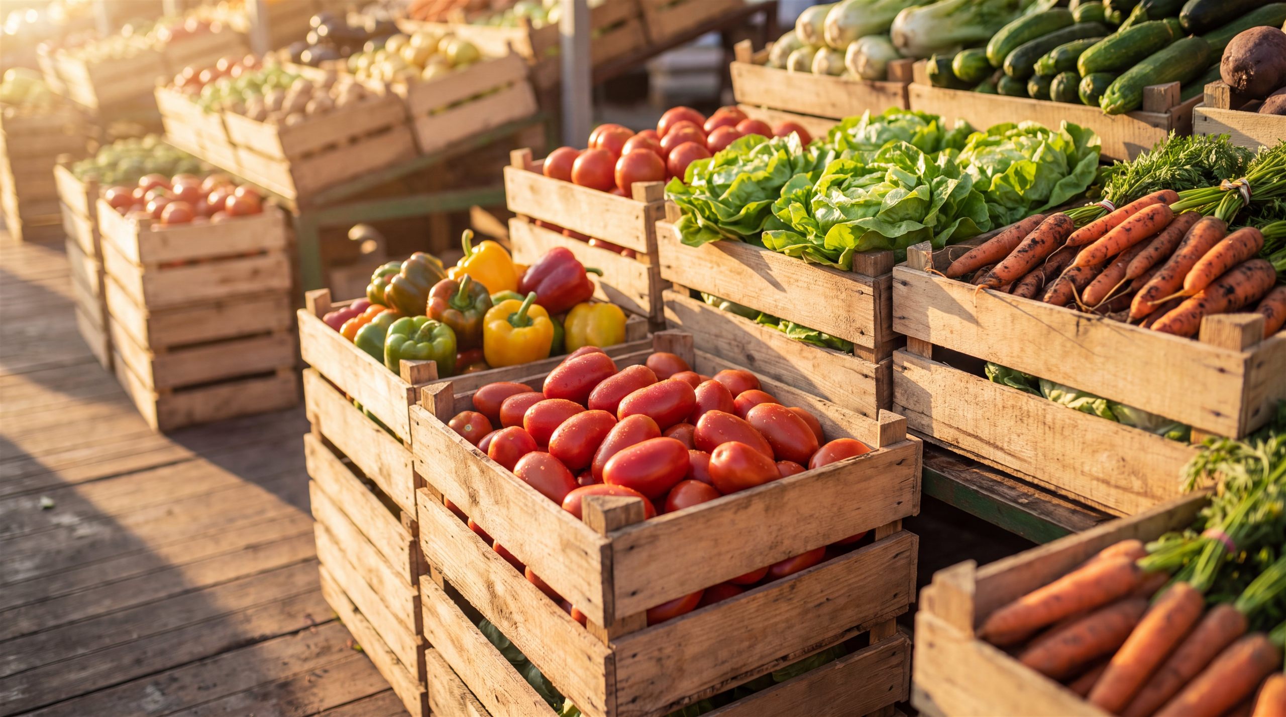 Cajones de madera desbordados de tomates, lechuga, morrones y zanahorias en un mercado al amanecer